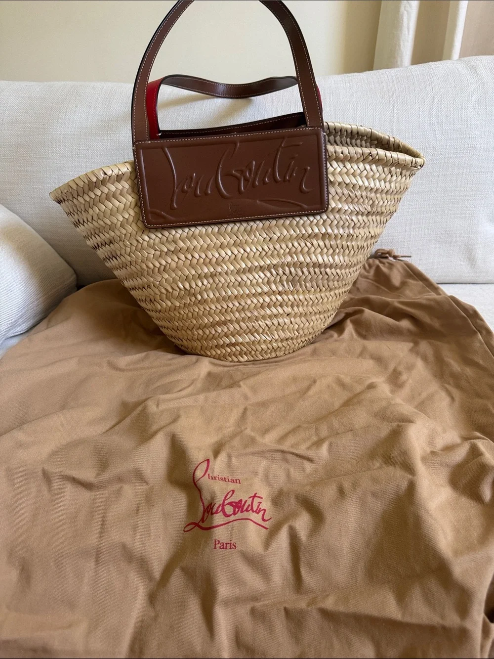 Christian Louboutin Natural Straw Tote with Brown Leather Trim